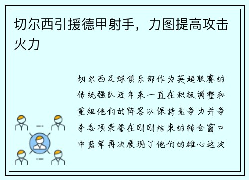 切尔西引援德甲射手，力图提高攻击火力